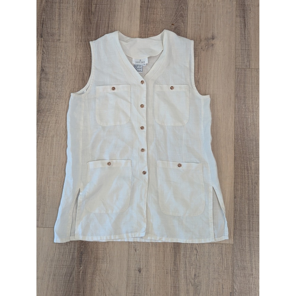 Vintage Carry Back 100% Linen Vest Womens 6 Ivory Safari Utility 1989-1991
